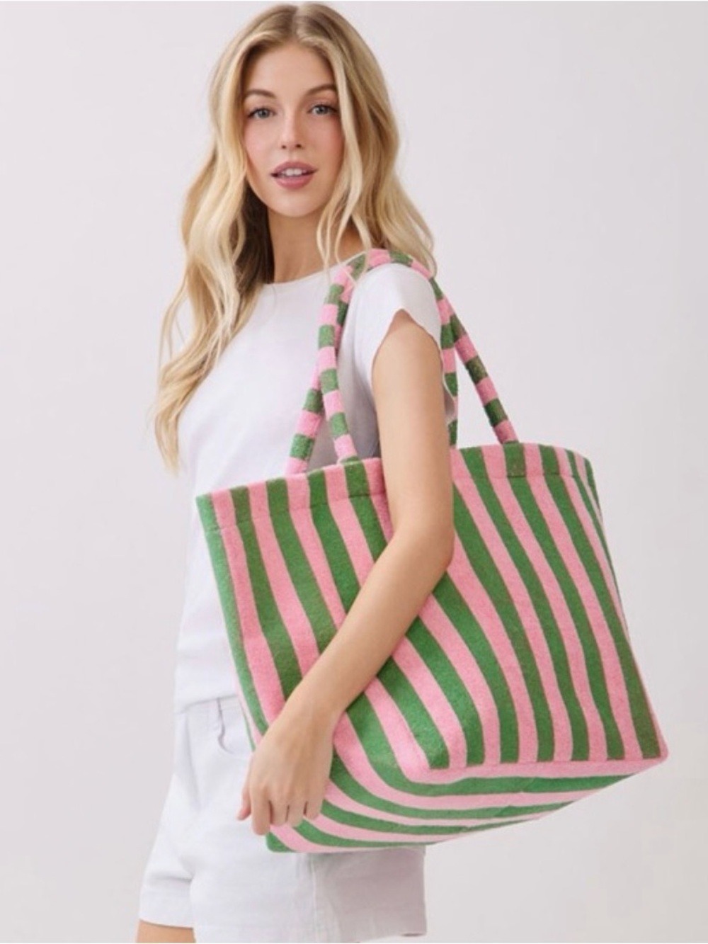 Striped Green & Pink Terry Cloth Beach Tote NWT
